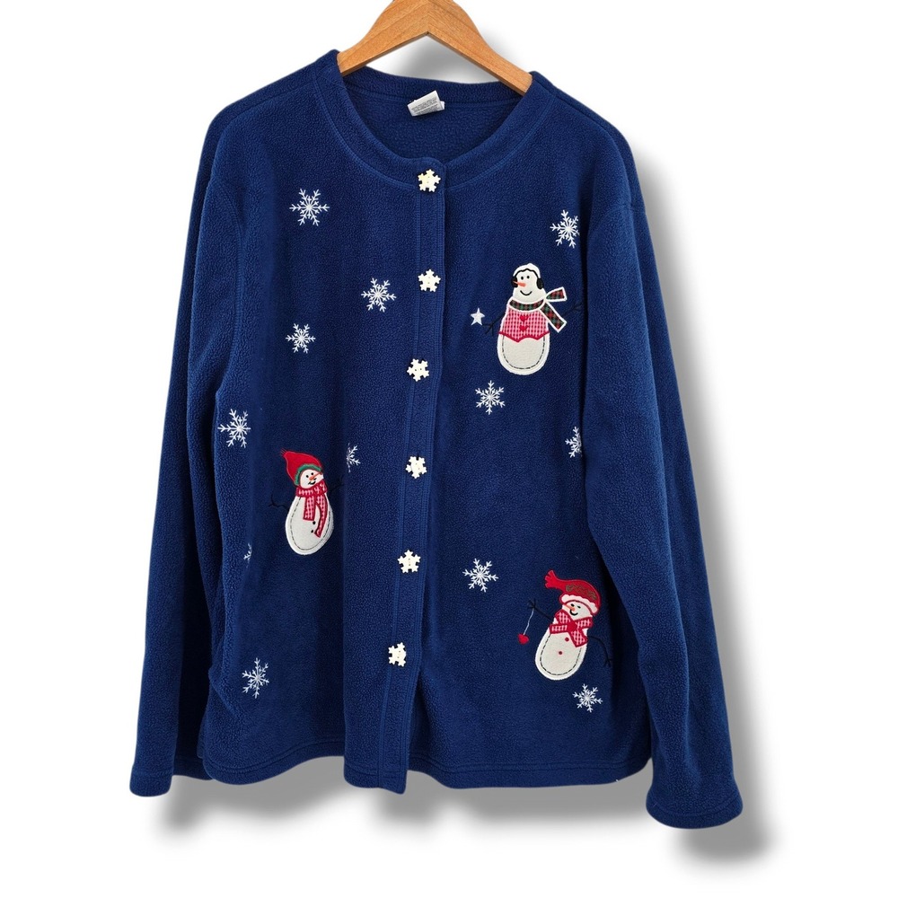 Premier International Plus Size 2X Blue Fleece Snowman Snowflake Cardigan